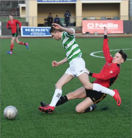 ?? Photo by Domnick Walsh ?? Dylan Robertson, Tralee Dynamos (red) and Alic Laurant, Listowel Celtic, in action in the Youths League at Mounthawk Park, Tralee.