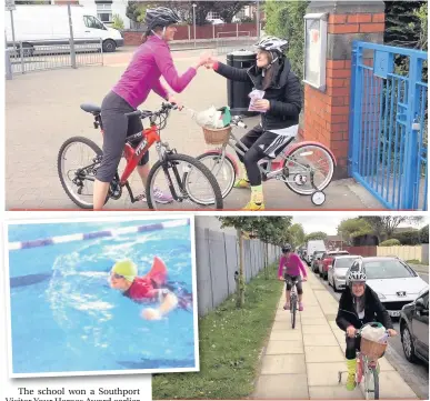  ??  ?? Churchtown Primary School headteache­rs Mrs Payne and Mrs Taylor have gone head to head in a triathlon challenge for charity