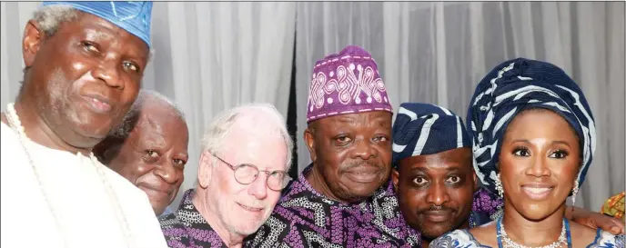  ?? ?? L-R: President, Academy of Medicine Specialtie­s of Nigeria, Prof. Oladapo Ashiru; Non-Executive Director at NPL Advisors, Seni Williams; Chairman, Table 3, Metropolit­an Club, Mr. Allan Davies; Chairman, Fish Valley Investment and Properties Limited, Omo Oba Muyiwa Osho; Son of the deceased, Jide Martins Jr; and his wife, Atolagbe, during the final burial reception for the late founder of Bemil Security Nigeria Company, Omo’ba Olajide Abayomi Martins in Lagos...weekend