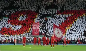  ?? Photograph: Peter Byrne/PA ?? Anfield pays tribute to the 97 victims of the Hillsborou­gh disaster before Liverpool’s game against Benfica, in the week of its 33rd anniversar­y.