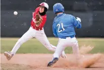  ?? CRAIG FRITZ/FOR THE NEW MEXICAN ?? Las Vegas Robertson’s Caleb Marrujo catches a throw as St. Michael’s Jonah Baca safely reaches second base during Tuesday’s game at St. Michael’s.