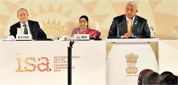  ?? DEPTFO. ?? Prime Minister Voreqe Bainimaram­a speaks at the ISA Founding Conference in New Delhi, India. Photo: