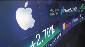  ?? MARK LENNIHAN THE ASSOCIATED PRESS ?? An electronic screen displays Apple stock at the Nasdaq MarketSite on Aug. 2, in New York. Apple has become the world's first publicly traded company to be valued at $1 trillion.