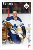  ??  ?? Hall of Fame goaltender Johnny Bower featured on a Canadian hockey stamp.