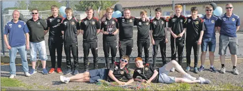  ?? 25_c22u16smcg­inley02 ?? The U16s and their coaches, from left, William Renton, Steven Lang, Kyle Colville, Calum McKillop, Calum Cook, Ross Brown, Archie McKellar, Andrew Renton, Bobby Blackstock, Liam Stacey, Elliott Gemmill, Liam Renton, Darren Renton and, lying, are: Fraser MacBrayne and Matthew Lang. Missing from the picture are James Campbell and Sam MacAlpine.