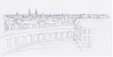  ??  ?? Higher horizon: This sketch shows an urban setting from a higher elevation. The foreground descends accordingl­y, and the datum appears to move up in relation, rising above nearby buildings. An overview to distance now appears, and a detailed townscape...