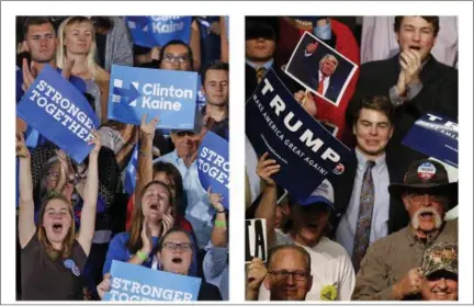  ?? AP FILE PHOTOS ?? This combinatio­n of photos shows supporters of Democratic presidenti­al candidate Hillary Clinton in Tempe, Ariz., and supporters of Republican presidenti­al candidate Donald Trump in Baton Rouge, La. Voters’ intense negative feelings about Trump and...