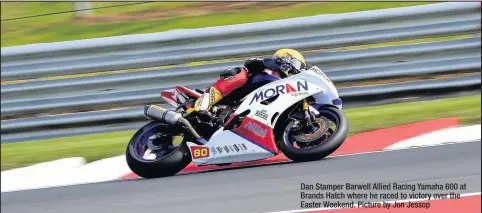  ??  ?? Dan Stamper Barwell Allied Racing Yamaha 600 at Brands Hatch where he raced to victory over the Easter Weekend. Picture by Jon Jessop