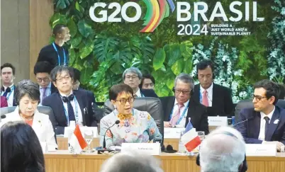  ?? Ministry of Foreign Affairs ?? Indonesian Foreign Minister Retno Marsudi speaks during a Group of 20 ministeria­l session in Rio de Janeiro, Brazil on Wednesday.