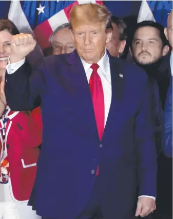  ?? Pictures: AFP ?? President Donald Trump, above and below, gives a victory salute to supporters after his South Carolina primary win over Nikki Haley, right, who has vowed to continue her run for the nomination despite trailing in polls.