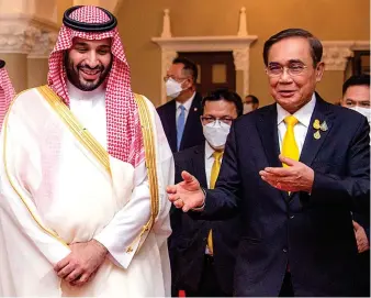  ?? SPA ?? Thai Prime Minister Prayut Chan-o-cha receives Saudi Crown Prince Mohammed bin Salman in Bangkok.