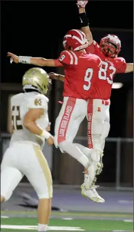  ?? BEA AHBECK/NEWS-SENTINEL ?? Lodi's Korbin Mason, right, celebrates his successful touchdown pass with teammate Logan Stout during their game against Stagg at Hubbard Field on Sept. 13.