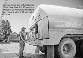  ??  ?? Glick collects milk from an Amish farm in Kalona, Iowa. More than 90 operations certified by the Agricultur­e Department have emerged within a 10-mile radius of Kalona.