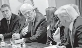  ?? Andrew Harrer / Bloomberg ?? Immigratio­n from page A1 Senate Majority Whip John Cornyn addresses Tuesday’s bipartisan meeting on immigratio­n held by President Donald Trump. Cornyn cautioned that talks between Republican­s and Democrats would mean little without Trump’s buy-in.