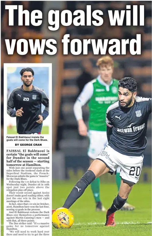  ??  ?? Faissal El Bakhtaoui insists the goals will come for the Dark Blues. Dundee striker Faissal El Bakhtaoui goes past Hibs’ midfielder Dylan McGeouch