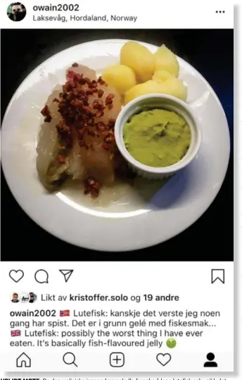  ?? SKJERMDUMP FRA INSTAGRAM ?? UBLIDT MØTE: Da den walisiske innsendere­n skulle forsøke å lage lutefisk selv selv, gikk det skikkelig skeis.