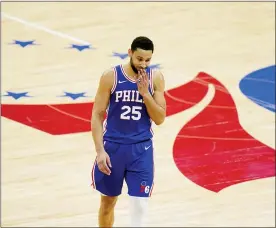  ?? MATT SLOCUM — THE ASSOCIATED PRESS ?? Philadelph­ia 76ers’ Ben Simmons wipes his face during the second half of Game 5in a second-round NBA basketball playoff series against the Atlanta Hawks on June 16in Philadelph­ia.