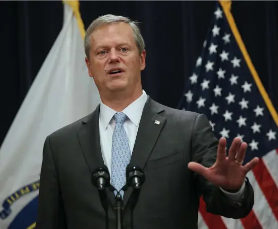  ?? NANCY LANE / HERALD STAFF ?? SPENDING ISSUES: Gov. Charlie Baker discusses a study from MassDOT on congestion at the State House on Thursday.