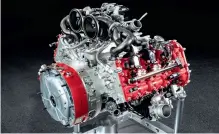  ?? ?? V6-biturbo
Den 3-liters benzinmoto­r har to turbolader­e og får hjaelp af en elmotor. Ydelsen er i alt vanvittige 830 hk ved 8.000 o/min.
▼