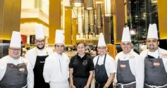  ?? ?? From left: Chef Brando Santos, chef Carlo Miguel, Sheraton Manila Hotel’s executive chef Kiko Santiago, Sheraton Manila Hotel’s general manager Anna Vergara, chef James Antolin, chef Kenneth Cacho, and chef Carlos “Pipo” Aluning.