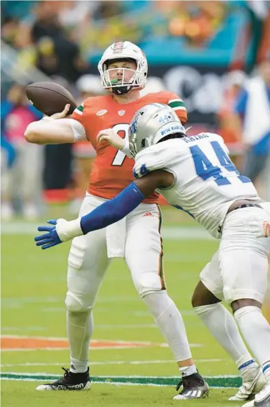  ?? WILFREDO LEE/AP ?? Middle Tennessee linebacker Jalen Rayam rushes Miami quarterbac­k Tyler Van Dyke as he passes during the first half Saturday in Miami Gardens.