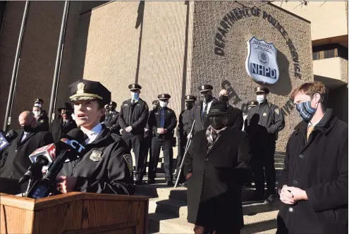  ?? Arnold Gold / Hearst Connecticu­t Media ?? Assistant Chief Renee Dominguez, left, speaks in front of the New Haven Police Department Thursday after Mayor Justin Elicker announced her appointmen­t as acting chief of the New Haven Police Department.