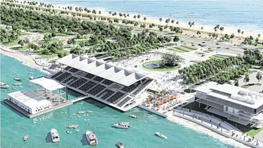  ?? R.J. Heisenbott­le Architects and City of Miami ?? An architectu­ral rendering shows a bird’s-eye view of a restored Miami Marine Stadium with a proposed new floating stage in front. To the right is a proposed maritime building.