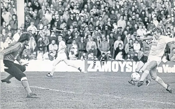  ??  ?? DREAMING OF GLORY: Kenny MacDonald scores Forfar’s second goal in the Scottish Cup clash with Dundee United at Tannadice in 1987.