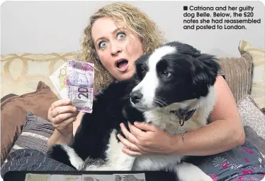  ??  ?? Catriona and her guilty dog Belle. Below, the £20 notes she had reassemble­d and posted to London.