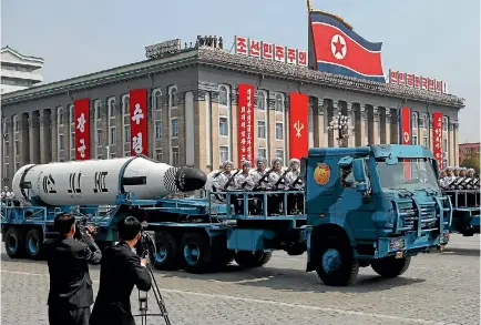  ?? PHOTO: REUTERS ?? A North Korean navy truck carries the ‘‘Pukkuksong’’ submarine-launched ballistic missile during a military parade marking the 105th birth anniversar­y of country’s founding father, Kim Il Sung in Pyongyang.