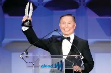  ?? (Eduardo Munoz/Reuters) ?? ACTOR GEORGE TAKEI accepts the Vito Russo Award during the 25th Annual GLAAD Media Awards in New York, May 2014.