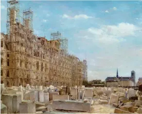  ??  ?? Cicatrices. Les chantiers de l’hôtel de ville de Paris (à g.) et de la colonne Vendôme (à d.), après leur destructio­n par les communards, en 1871.