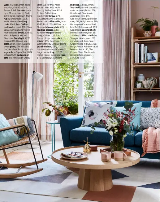  ??  ?? Walls in Dead Salmon estate emulsion, £42.50 for 2.5L, Farrow & Ball. Curtains made up in Moramo linen in Duck, £79 a metre, Harlequin. Memo rug by Linie Design, £575, Heal’s. Gronadal rocking chair, £145, Ikea. Quilted cushion (on chair), £30, Oliver...