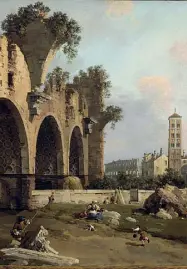  ??  ?? Rovine Canaletto, «La Basilica di Massenzio e Santa Francesca Romana», 1755 circa, Galleria Borghese (particolar­e)