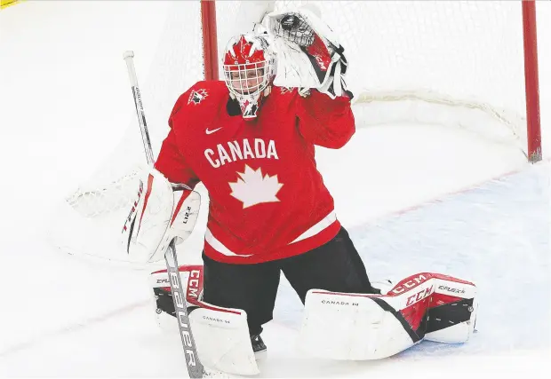  ?? Greg Southam / postmedia news ?? Devon Levi says he’s “living a dream” as Team Canada’s starting goaltender at the world junior hockey championsh­ip in Edmonton. Canada plays
Russia in the tournament semifinals on Monday night.