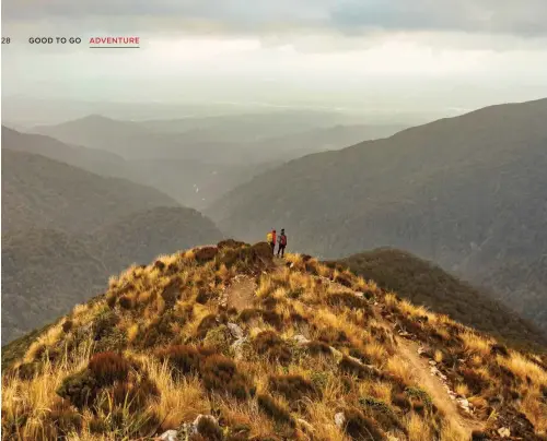  ??  ?? Above: Hikers atop a tussock- covered ridge on the Paparoa Track, the tenth addition to New Zealand’s iconic Great Walk network.