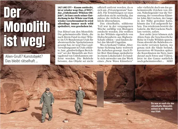  ??  ?? Da war er noch da: der rätselhaft­e Monolith mitten in der Wildnis von Utah.