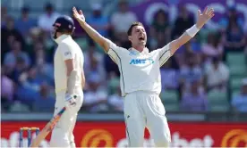  ?? Photograph: Mike Egerton/PA ?? Matt Henry celebrates the dismissal of Zak Crawley, one of three top-order wickets the seamer picked up.