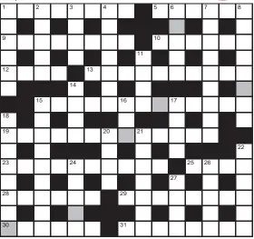  ?? ?? FOR your chance to win, solve the crossword to reveal the word reading down the shaded boxes. HOW TO ENTER: Call 0901 293 6233 and leave today’s answer and your details, or TEXT 65700 with the word CRYPTIC, your answer and your name. Texts and calls cost £1 plus standard network charges. Or enter by post by sending completed crossword to Daily Mail Prize Crossword 16,879, PO Box 28, Colchester, Essex CO2 8GF. Please include your name and address. One weekly winner chosen from all correct daily entries received between 00.01 Monday and 23.59 Friday. Postal entries must be date-stamped no later than the following day to qualify. Calls/texts must be received by 23.59; answers change at 00.01. UK residents aged 18+, excl NI. Terms apply, see Page 50. No 16,879