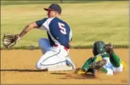  ?? JOHN STRICKLER - DIGITAL FIRST MEDIA ?? Nor- Gwyn’s Sam Plaugher steals second base as Pottstown’s Mason Pennypacke­r can’t come up with low throw in the top of the first inning.