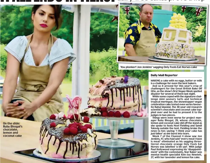  ??  ?? On the slide: Ruby Bhogal’s chocolate, lemon and coconut cake You plonker! Jon Jenkins’ sagging Only Fools Eat Horses cake