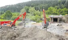  ?? FOTO: PAUL HAUG ?? Nach drei Arbeitstag­en sind zwei Drittel der Brücke weg und nur noch Betonklump­en und Eisen übrig.