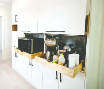  ?? ?? New Westminste­r renovator Brandy Kawulka suggests replacing shelves with pullout drawers in the kitchen to make it easier to access items, including appliances and other things people use more often.