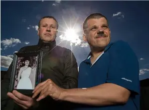  ??  ?? ABOVE: Mark (left) and Adam in 2013 with a photo of Maria. TOP LEFT: The bookstore in Thornbury where Maria lived and was killed.