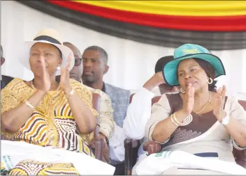  ??  ?? Defence and War Veterans Affairs Minister Oppah Muchinguri-Kashiri and her Informatio­n, Publicity and Broadcasti­ng Services counterpar­t Monica Mutsvangwa follow proceeding­s at Lake Chivero