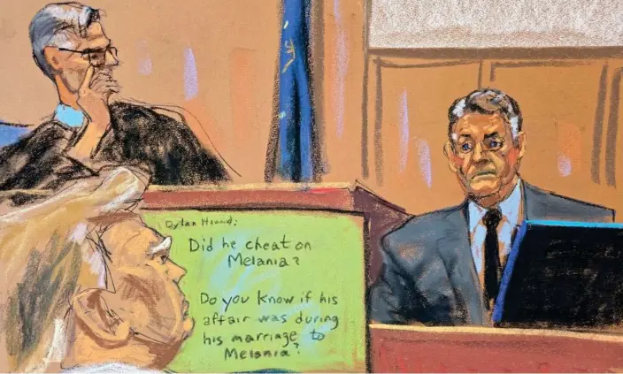  ?? Photograph: Jane Rosenberg/Reuters ?? A courtroom sketch depicts Keith Davidson showing correspond­ence with Dylan Howard as Donald Trump listens in New York City on 30 April.