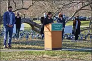  ?? SUBMITTED PHOTO ?? Chester County Commission­ers’ Chairwoman Marian Moskowitz is joined by Commission­ers Josh Maxwell and Michelle Kichline, and other County elected officials, to pay tribute to the 747Chester County residents who have died because of COVID-19.