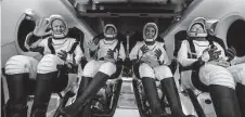  ?? NASA via Getty Images ?? European Space Agency astronaut Matthais Maurer, left, and NASA astronauts Tom Marshburn, Raja Chari and Kayla Barron are seen inside the Spacex Crew Dragon Endurance during its recovery Friday after landing in the Gulf of Mexico off the coast of Tampa, Fla.