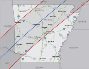  ?? (Special to The Commercial/Arkansas Department of Transporta­tion) ?? On April 8, between noon and 4 p.m., the earth’s moon will completely eclipse the sun for about four minutes over any given location in its path. For Arkansas, this will mean a shadow approximat­ely 118 miles wide, stretching from the southwest corner of the state to its northwest corner. The shadow is expected to begin near DeQueen at 1:46 p.m. and exit the state at about 2 p.m. near Pocahantas, according to the Arkansas Department of Transporta­tion.