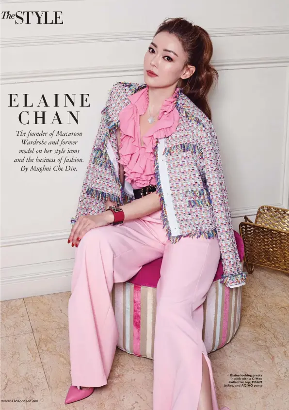  ??  ?? Elaine looking pretty in pink with a C/Meo Collective top, MSGM jacket, and AQ/AQ pants